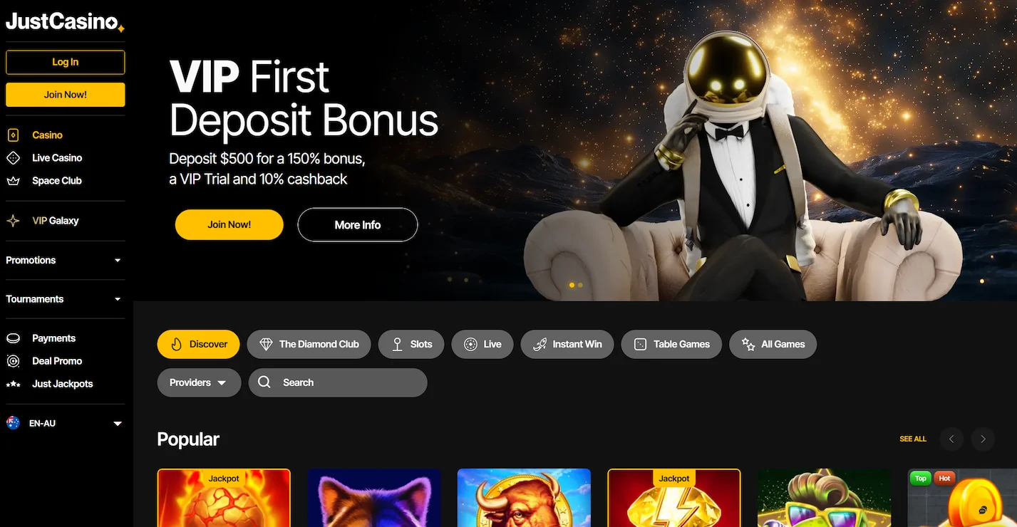 Just Casino homepage showing VIP first deposit bonus offer, selection of popular online pokies and site main navigation 