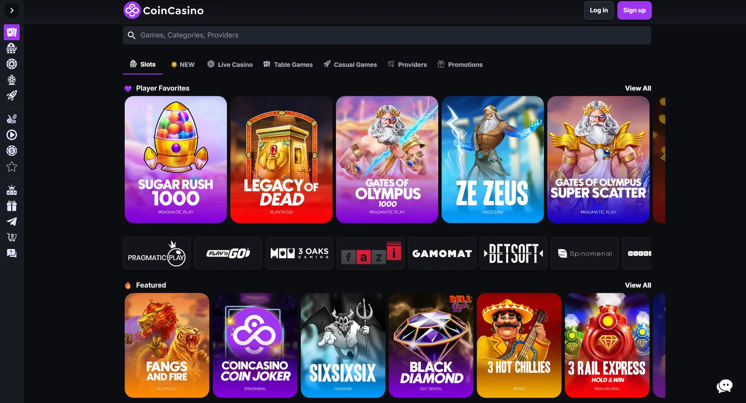 CoinCasino homepage showing selection of online pokies, game providers and site main navigation