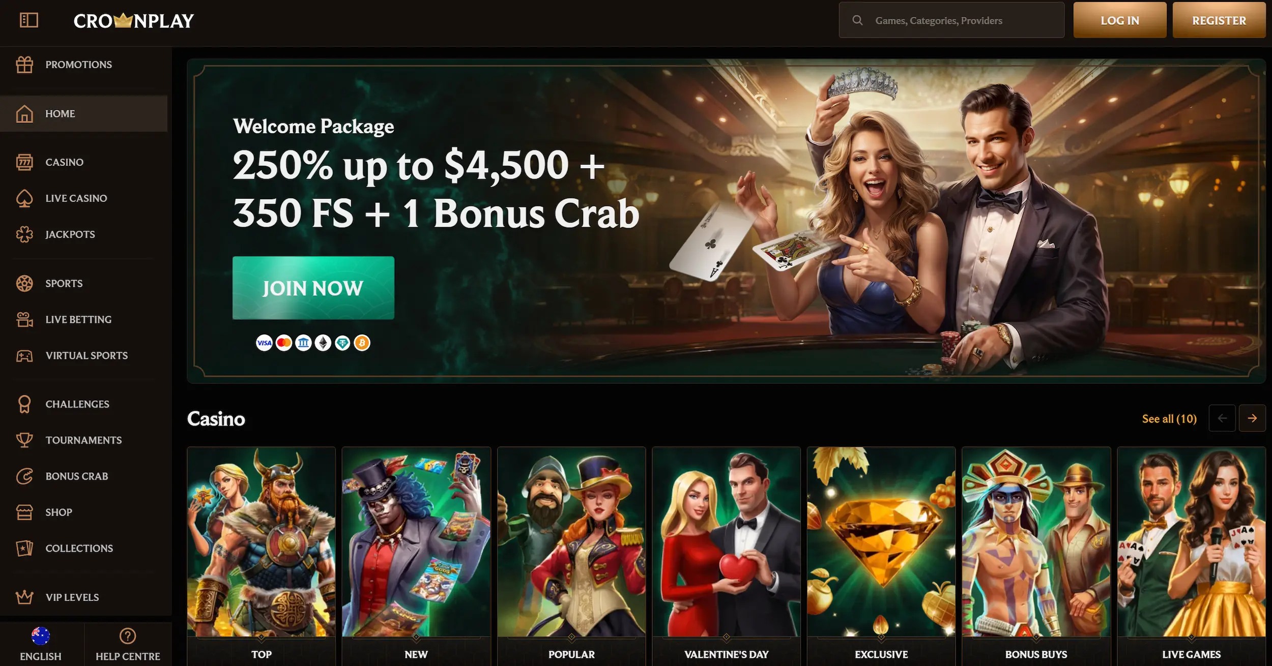 CrownPlay casino homepage showing welcome offer and site main navigation